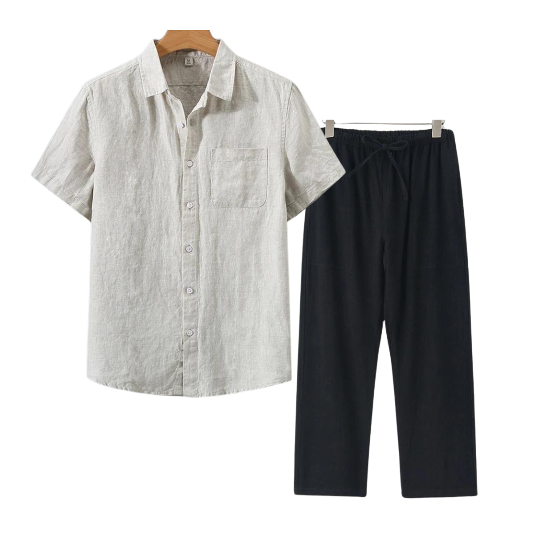 Finn | Linnen combo met korte mouw in de kleur Beige voor heren in Beach stijl ideaal voor de zomer.