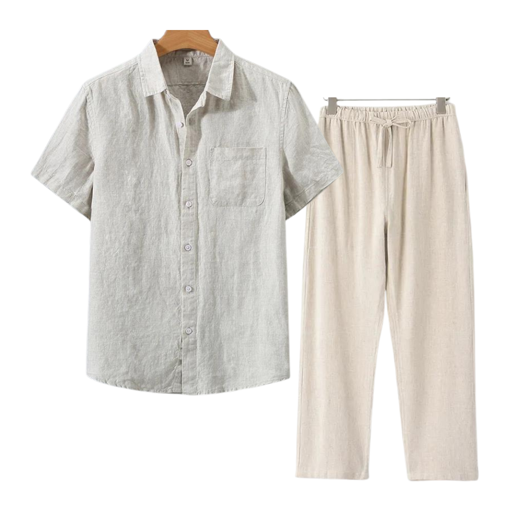 Finn | Linnen combo met korte mouw in de kleur Beige voor heren in Beach stijl ideaal voor de zomer.