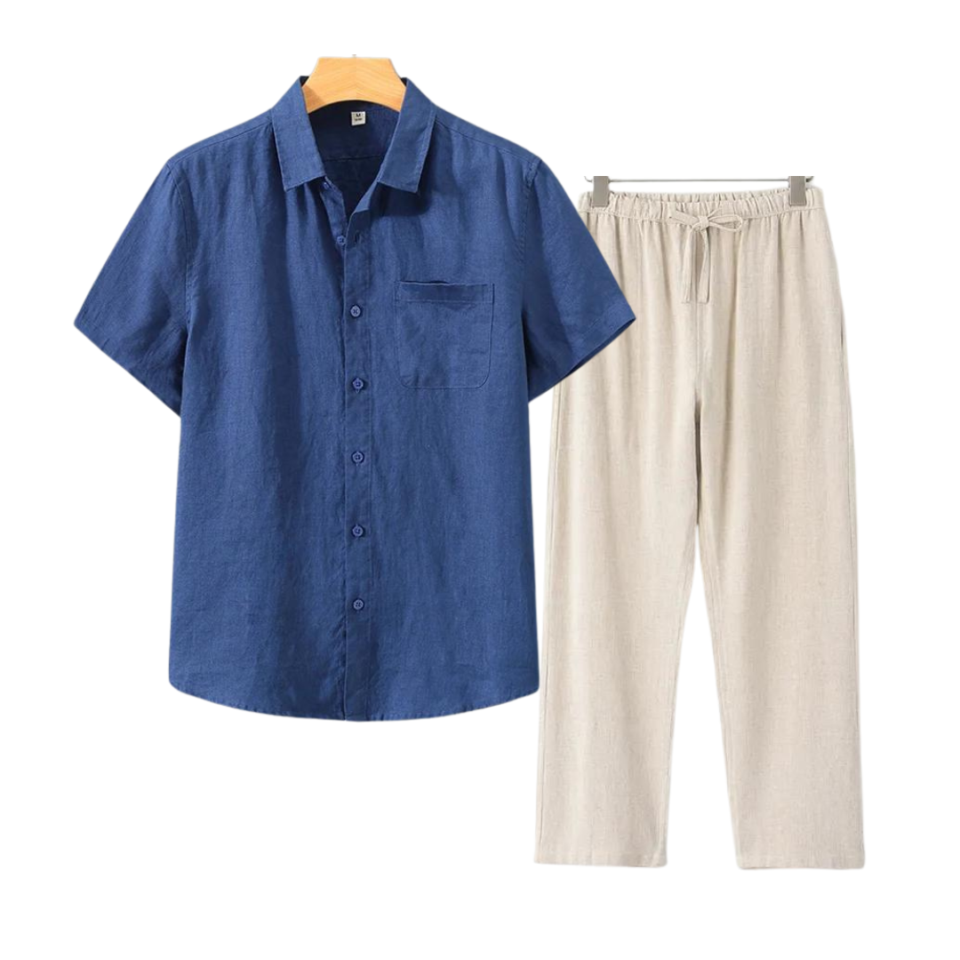Finn | Linnen combo met korte mouw in de kleur Blauw voor heren in Beach stijl ideaal voor de zomer.