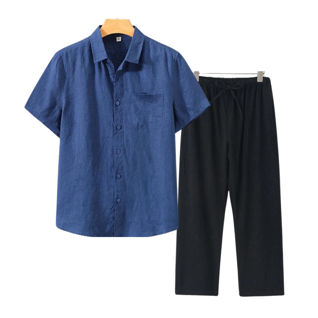 Finn | Linnen combo met korte mouw in de kleur Blauw voor heren in Beach stijl ideaal voor de zomer.