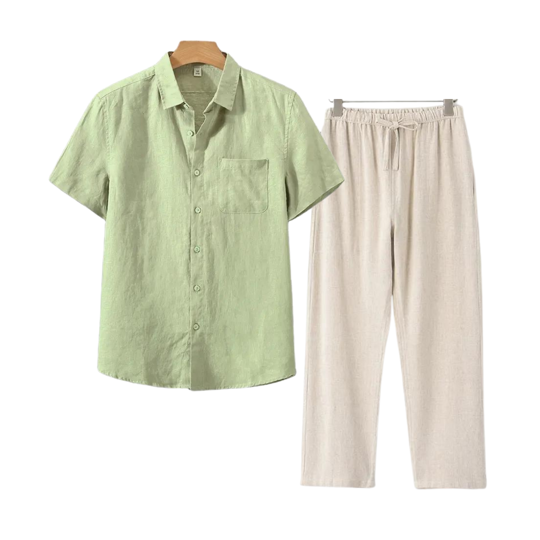 Finn | Linnen combo met korte mouw in de kleur Mint Groen voor heren in Beach stijl ideaal voor de zomer.