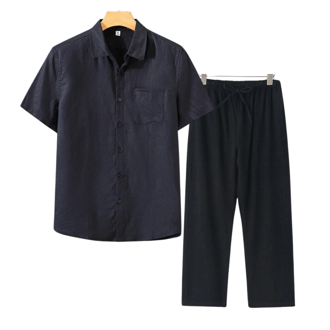 Finn | Linnen combo met korte mouw in de kleur Zwart voor heren in Beach stijl ideaal voor de zomer.