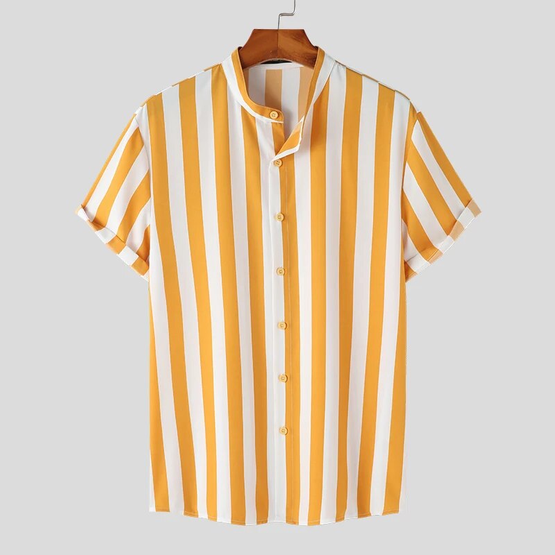 Frederico | Gestreept Casual Overhemd in de kleur Geel voor heren in stijl ideaal voor de lente.