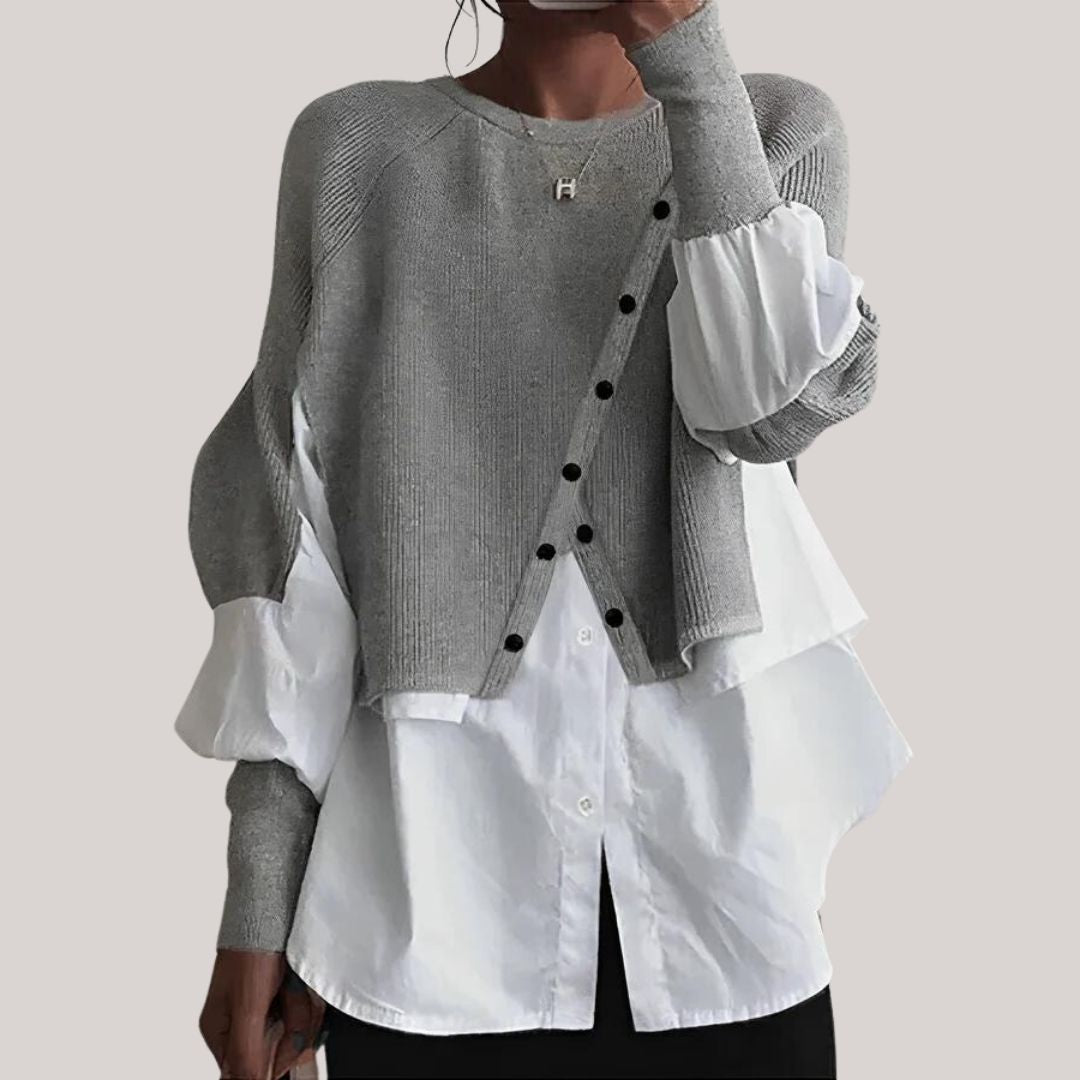Gelaagde Trui in de kleur Grijs/Wit voor dames in stijl ideaal voor de herfst.