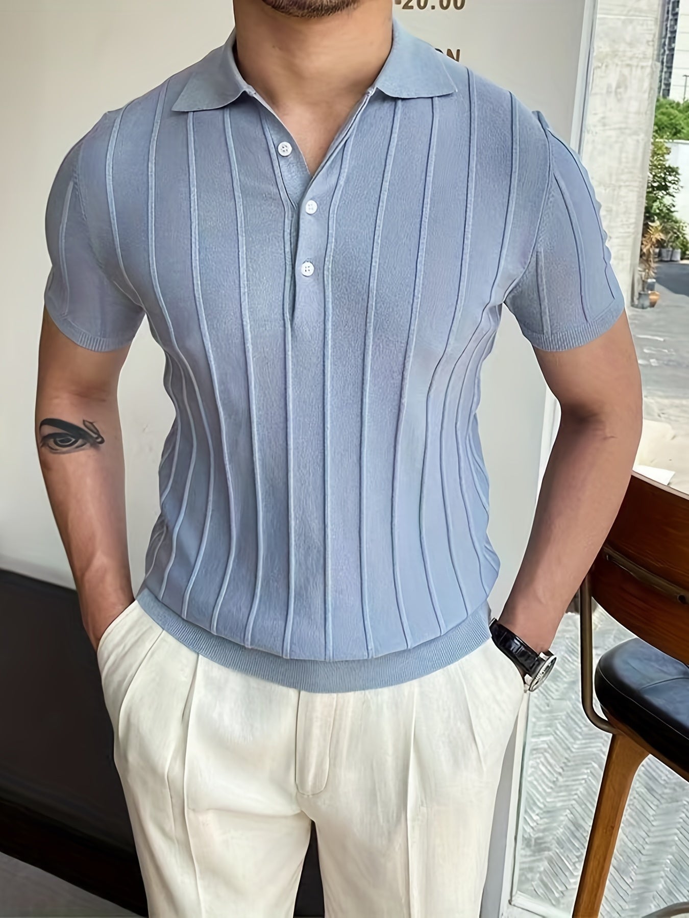 Gestreepte Polo in de kleur Lichtblauw voor heren in Casual stijl geschikt voor alle seizoenen.