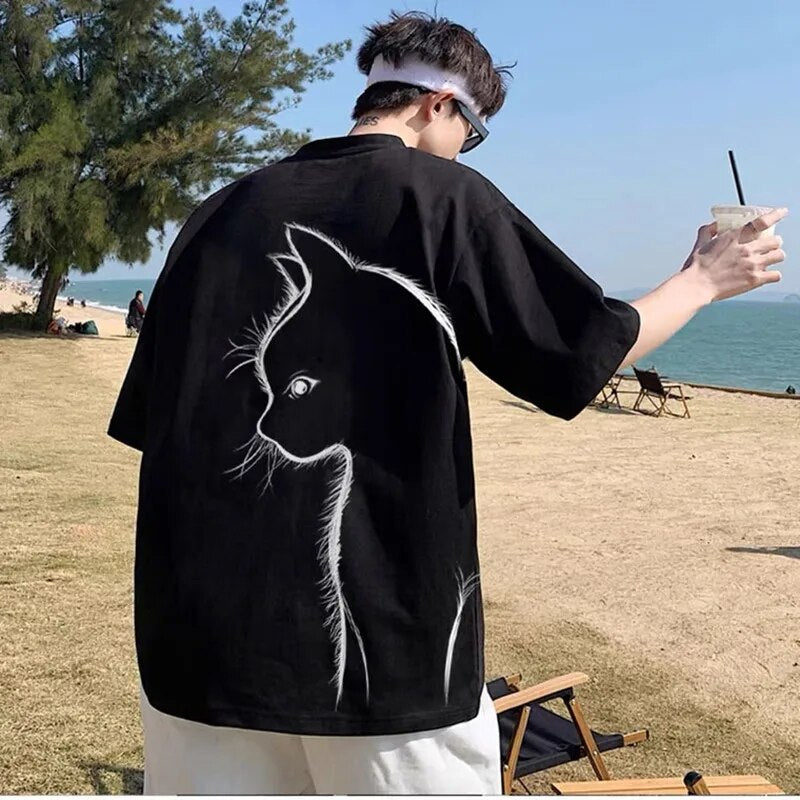 Giovani | Heren T-shirt met oversized kattenprint in de kleur Zwart voor heren in Streetwear stijl ideaal voor de zomer.