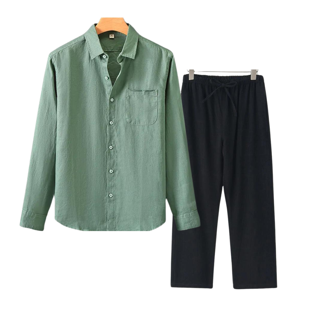 Ian | Linnen combi met lange mouw in de kleur Groen voor heren in Beach stijl ideaal voor de lente.