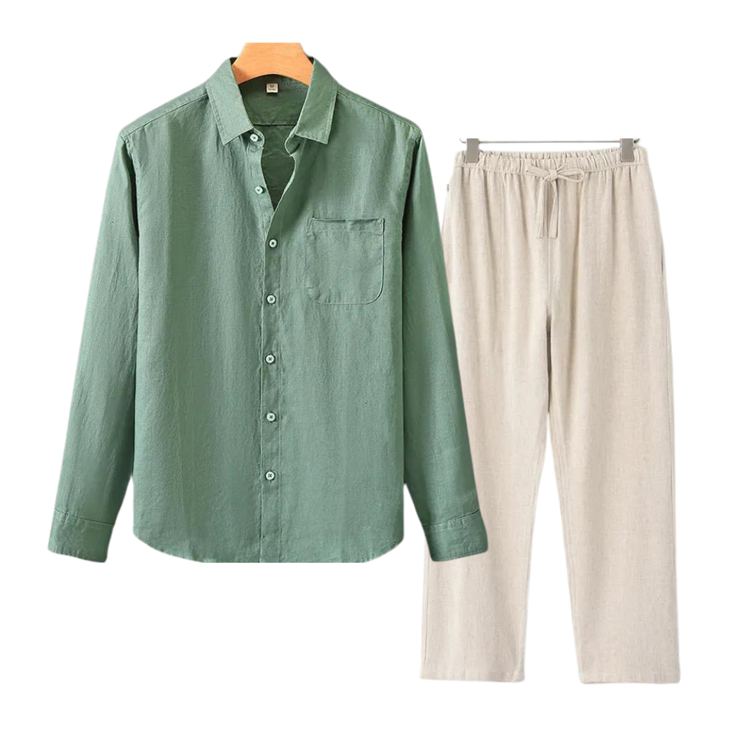 Ian | Linnen combi met lange mouw in de kleur Groen voor heren in Beach stijl ideaal voor de lente.