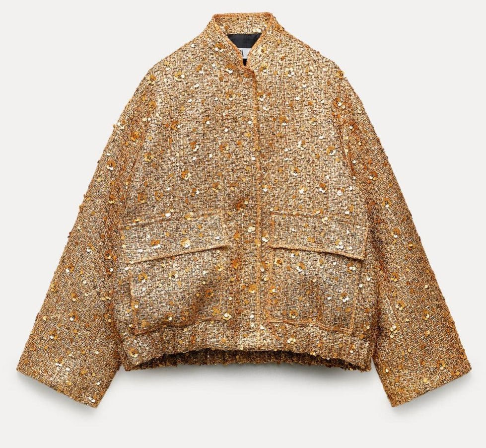 Janine | Jas met gouden glitters voor vrouwen in de kleur Goud voor dames in Party stijl ideaal voor de herfst.