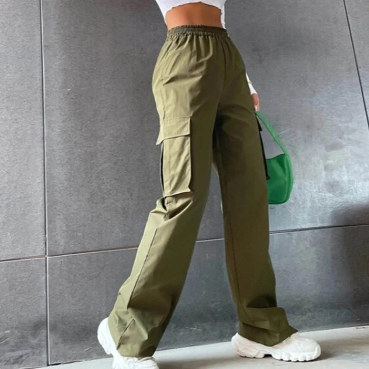 Janlie | Dames hoge taille cargo broek in de kleur Groen voor dames in Outdoor stijl geschikt voor alle seizoenen.