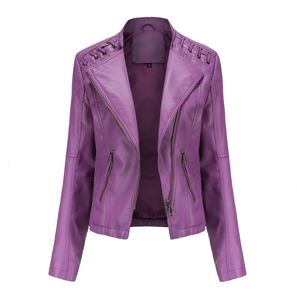 Jas Van Vegan Leather in de kleur Paars voor dames in stijl ideaal voor de herfst.