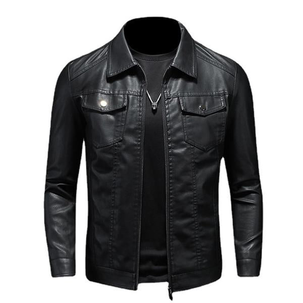 Jasper | Leren bikerjack met ritssluiting en borstzakken in de kleur Zwart voor heren in stijl ideaal voor de herfst.