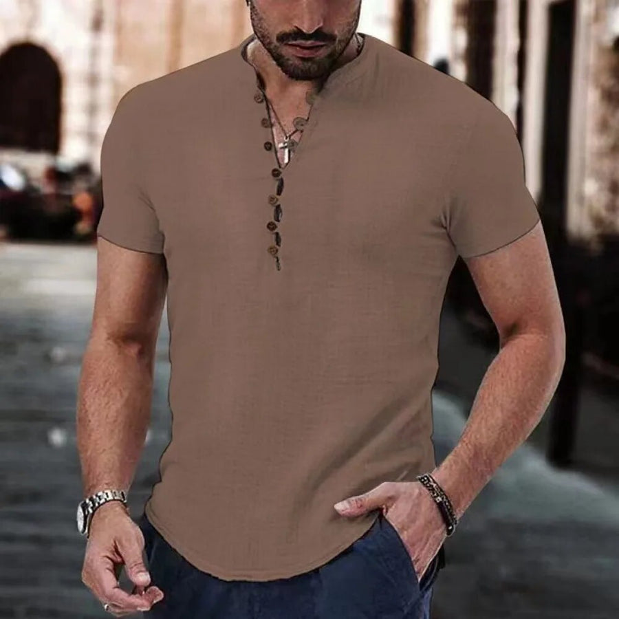 Jeroen | Katoenen linnen shirt met V-hals voor heren in de kleur Bruin voor heren in stijl ideaal voor de lente.