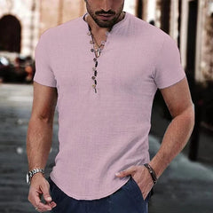 Jeroen | Katoenen linnen shirt met V-hals voor heren in de kleur Roze voor heren in stijl ideaal voor de lente.