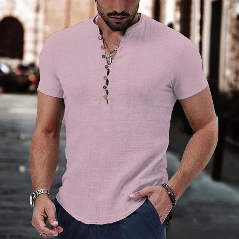 Jeroen | Katoenen linnen shirt met V-hals voor heren in de kleur Roze voor heren in stijl ideaal voor de lente.