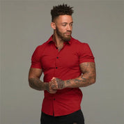 Jeroen | Zwart licht gewicht korte mouw overhemd in de kleur Rood voor heren in Smart-casual stijl ideaal voor de lente.