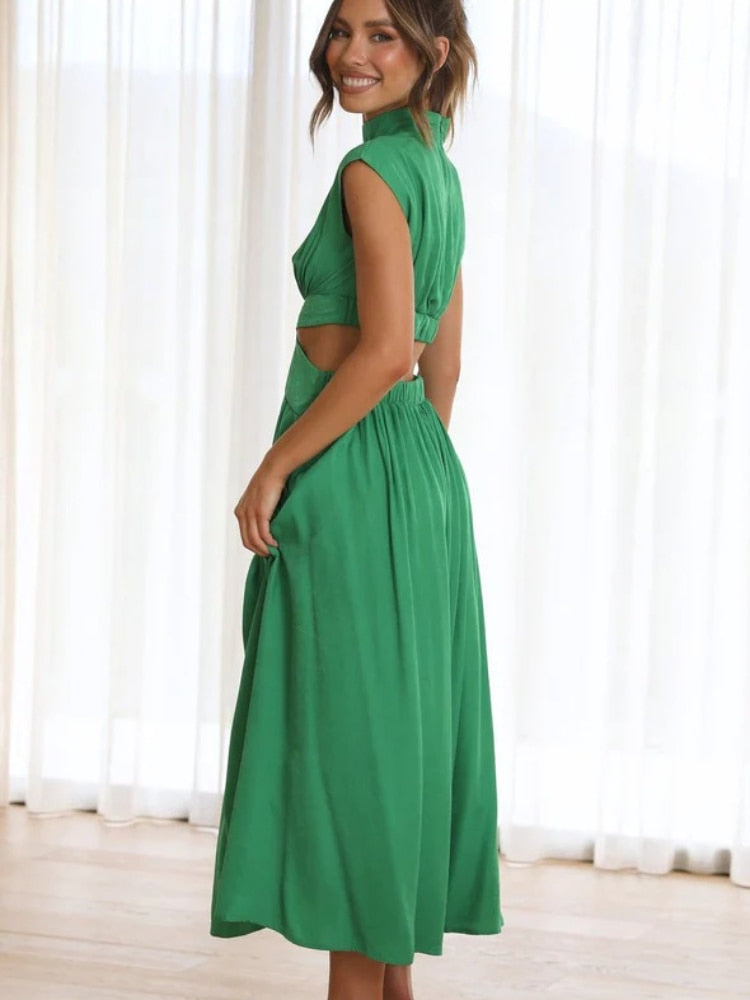 Jolijn | Elegante maxi jurk in de kleur Groen voor dames in stijl ideaal voor de herfst.