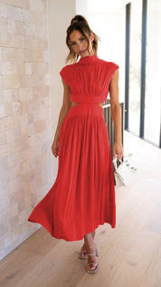 Jolijn | Elegante maxi jurk in de kleur Rood voor dames in stijl ideaal voor de herfst.