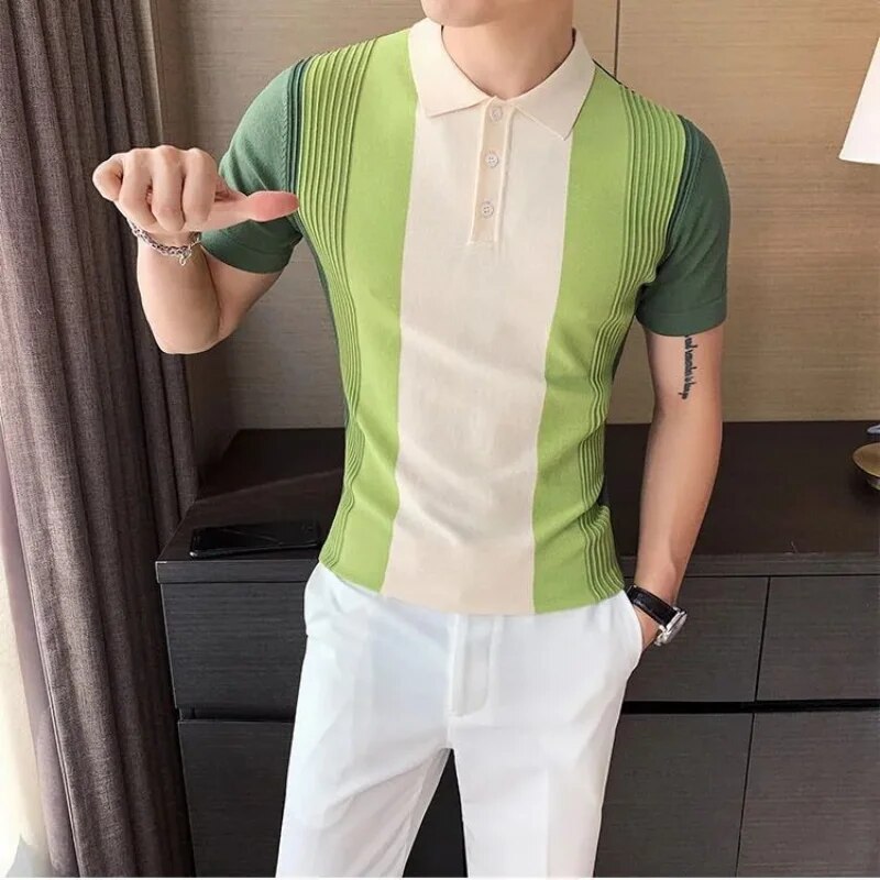 Jordin | Gestreept poloshirt met slanke pasvorm in de kleur Groen voor heren in Smart-casual stijl ideaal voor de zomer.