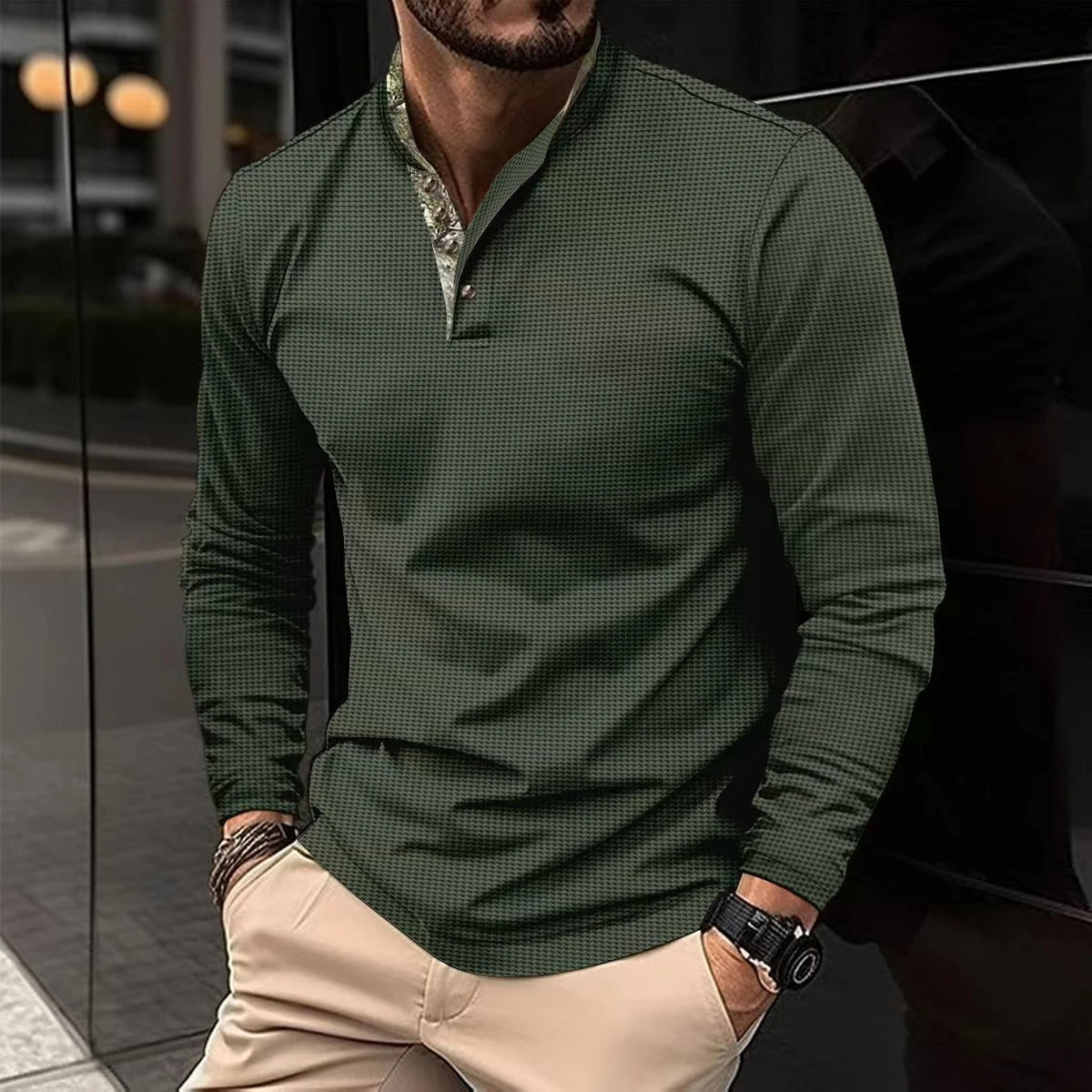 Joris | Stijlvolle longsleeve polo met gekleurde boordkraag in de kleur Legergroen voor heren in Smart-casual stijl geschikt voor alle seizoenen.