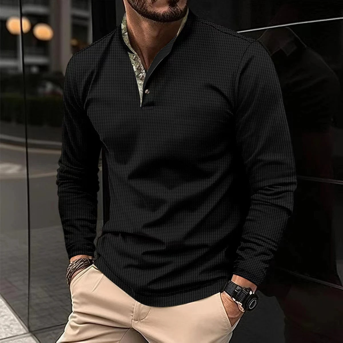 Joris | Stijlvolle longsleeve polo met gekleurde boordkraag in de kleur Zwart voor heren in Smart-casual stijl geschikt voor alle seizoenen.