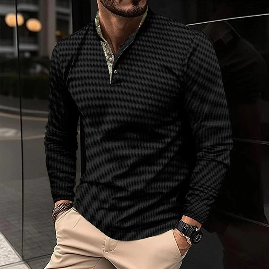 Joris | Stijlvolle longsleeve polo met gekleurde boordkraag in de kleur Zwart voor heren in Smart-casual stijl geschikt voor alle seizoenen.