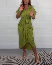 José | Elegante geplooide jurk met decolleté in de kleur Groen voor dames in stijl ideaal voor de lente.