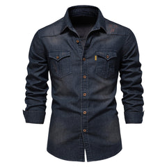 Julian | Casual denim herenoverhemd in de kleur Marineblauw voor heren in Heritage stijl ideaal voor de herfst.