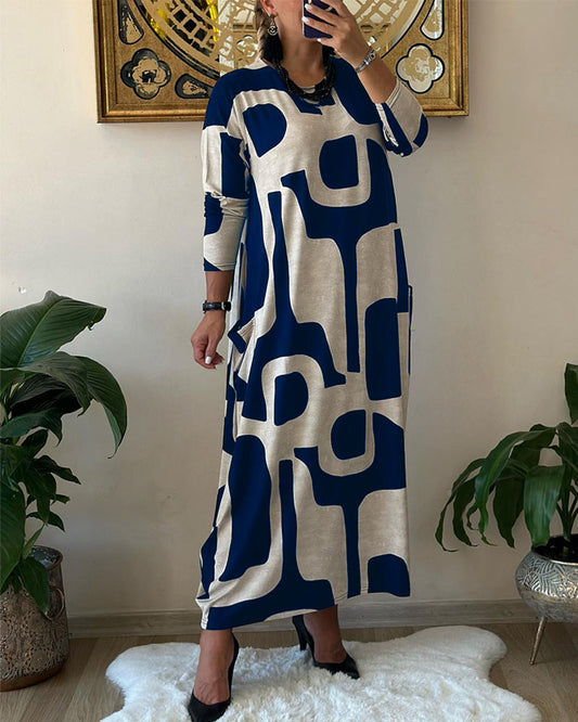 Jurk met lange mouwen en zwart witte print in de kleur Blauw voor dames in stijl ideaal voor de herfst.