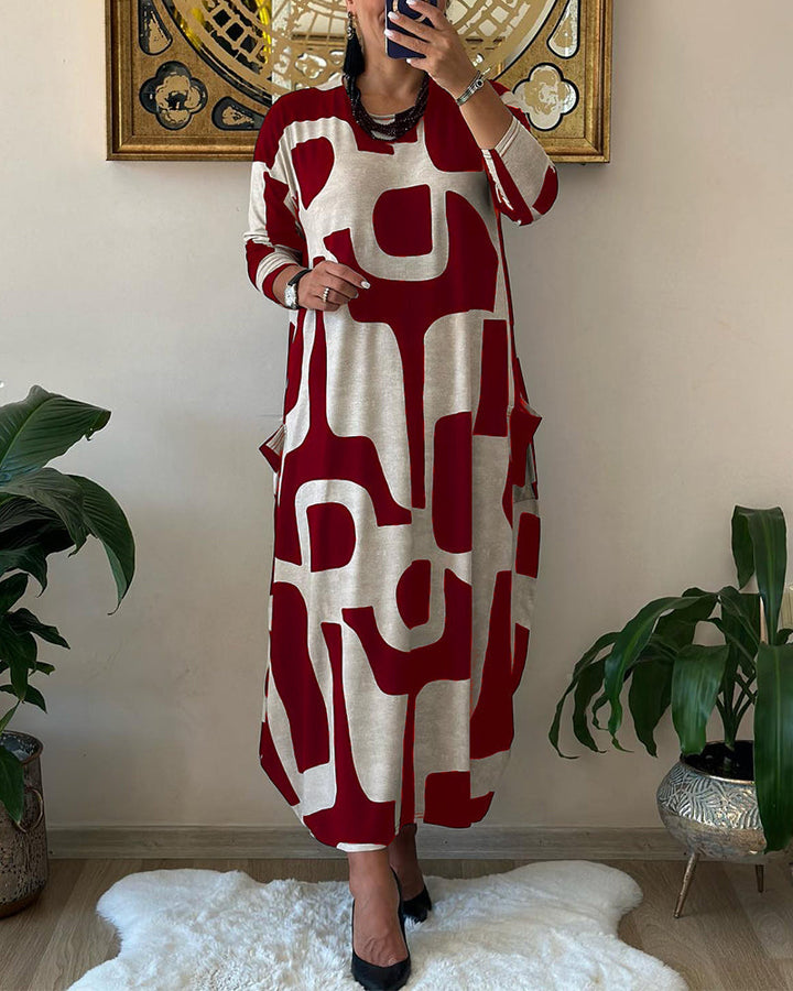 Jurk met lange mouwen en zwart witte print in de kleur Rood voor dames in stijl ideaal voor de herfst.