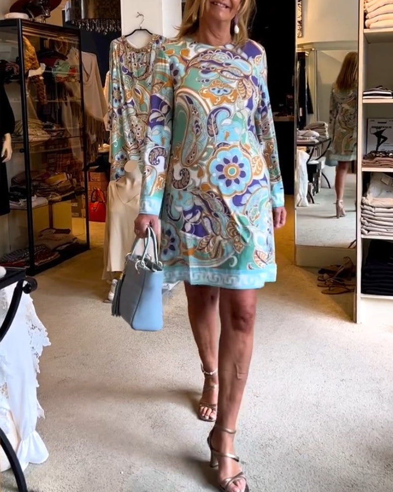 Jurk met print en ronde halslijn in de kleur Blauw voor dames in stijl ideaal voor de herfst.