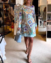 Jurk met print en ronde halslijn in de kleur Blauw voor dames in stijl ideaal voor de herfst.