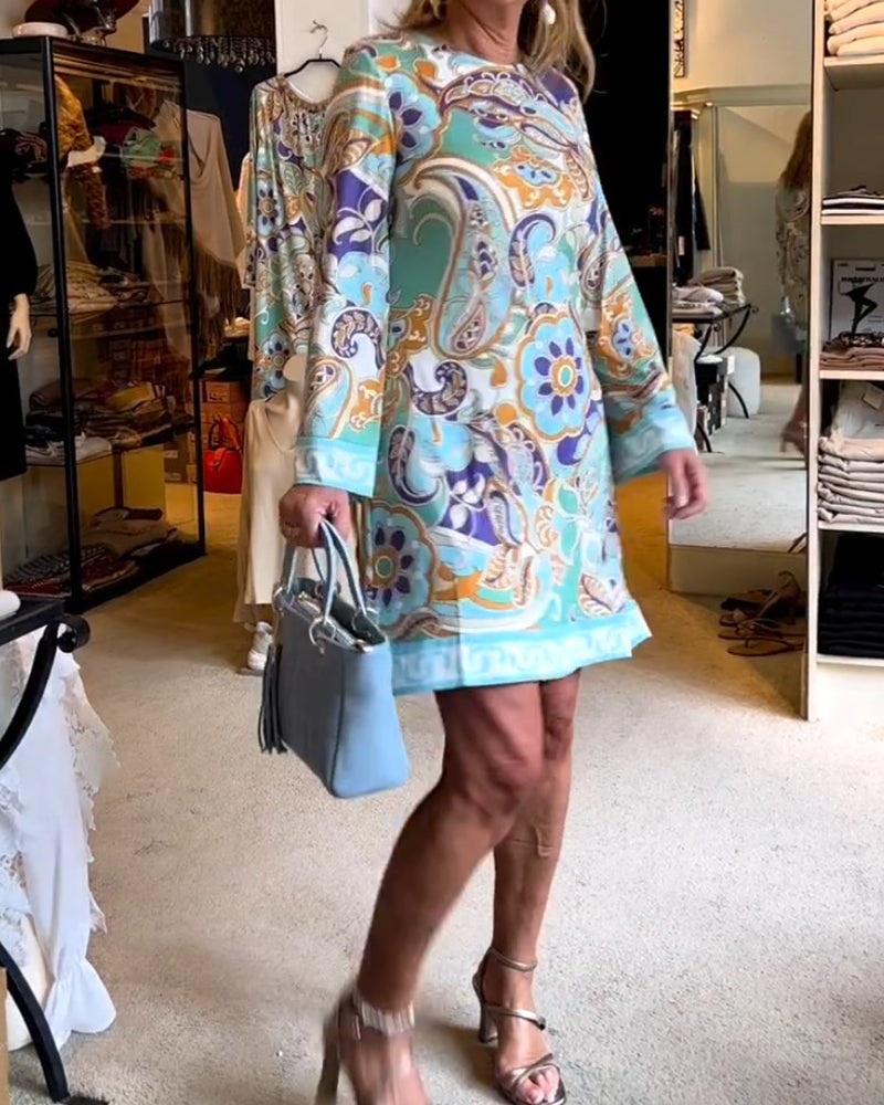 Jurk met print en ronde halslijn in de kleur Blauw voor dames in stijl ideaal voor de herfst.