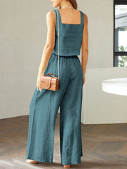 Katrien | Wijde pantalonset in de kleur Zwart voor dames in Formal stijl ideaal voor de zomer.