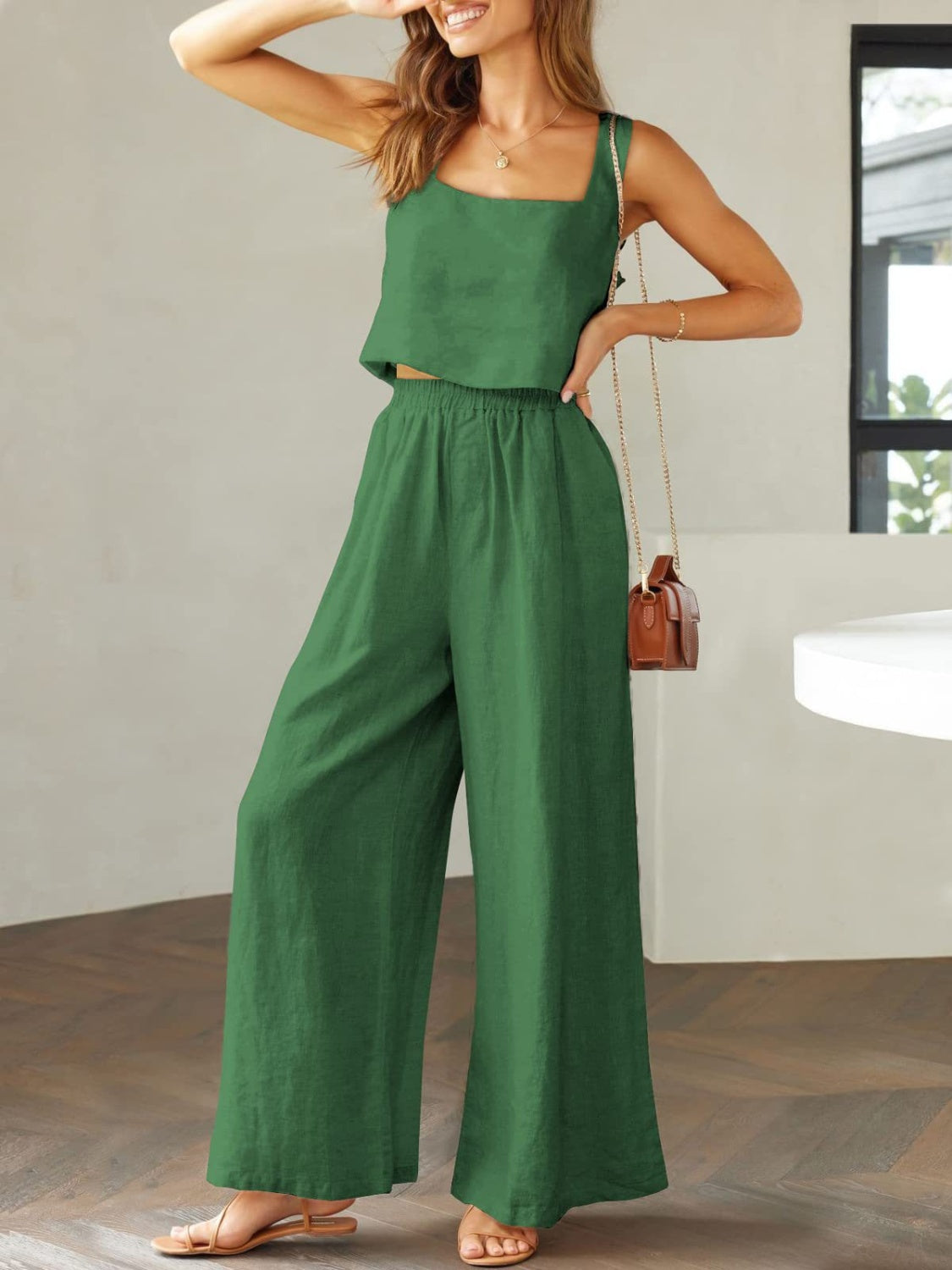 Katrien | Wijde pantalonset in de kleur Zwart voor dames in Formal stijl ideaal voor de zomer.
