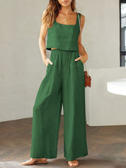 Katrien | Wijde pantalonset in de kleur Donkergroen voor dames in Formal stijl ideaal voor de zomer.