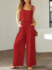 Katrien | Wijde pantalonset in de kleur Rood voor dames in Formal stijl ideaal voor de zomer.