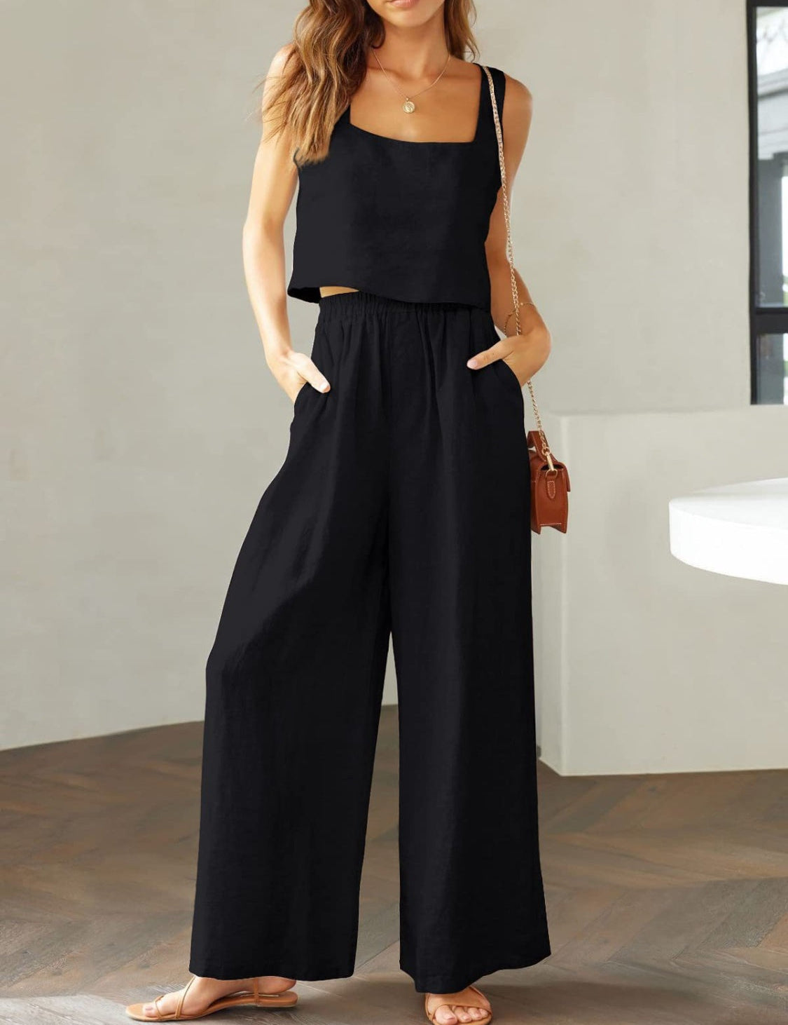 Katrien | Wijde pantalonset in de kleur Zwart voor dames in Formal stijl ideaal voor de zomer.