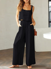 Katrien | Wijde pantalonset in de kleur Zwart voor dames in Formal stijl ideaal voor de zomer.