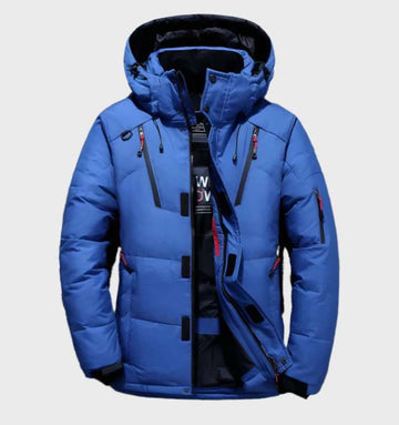 Lars | Dik en warm eendendonsjack met capuchon en zakken in de kleur Blauw voor heren in Lounge stijl ideaal voor de winter