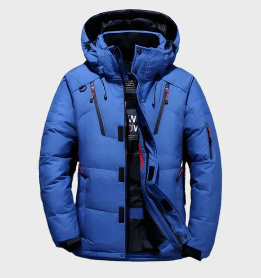 Lars | Dik en warm eendendonsjack met capuchon en zakken in de kleur Blauw voor heren in Lounge stijl ideaal voor de winter