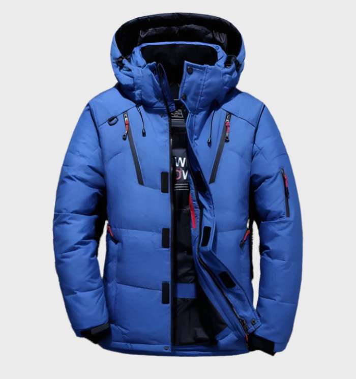 Lars | Dik en warm eendendonsjack met capuchon en zakken in de kleur Blauw voor heren in Lounge stijl ideaal voor de winter