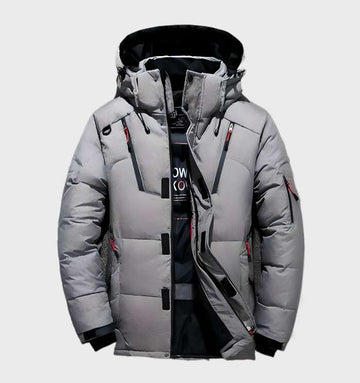 Lars | Dik en warm eendendonsjack met capuchon en zakken in de kleur Grijs voor heren in Lounge stijl ideaal voor de winter