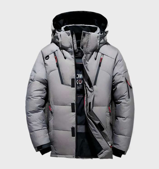 Lars | Dik en warm eendendonsjack met capuchon en zakken in de kleur Grijs voor heren in Lounge stijl ideaal voor de winter