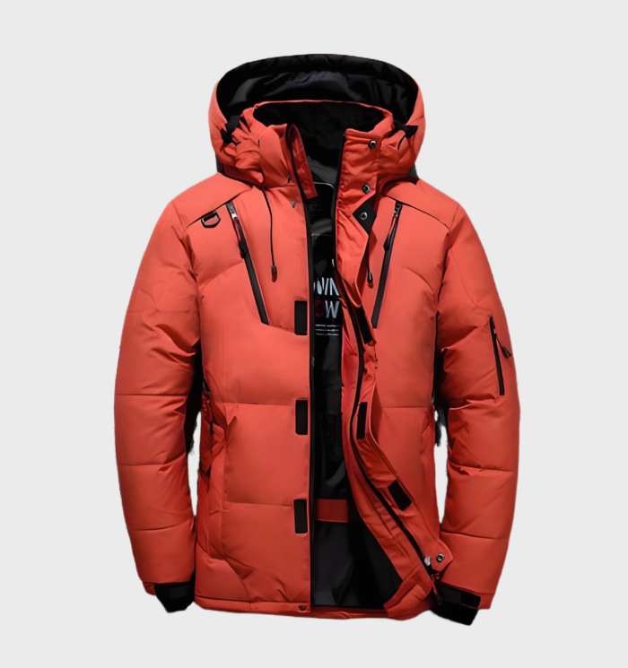 Lars | Dik en warm eendendonsjack met capuchon en zakken in de kleur Oranje voor heren in Lounge stijl ideaal voor de winter