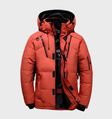 Lars | Dik en warm eendendonsjack met capuchon en zakken in de kleur Oranje voor heren in Lounge stijl ideaal voor de winter