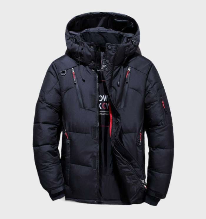 Lars | Dik en warm eendendonsjack met capuchon en zakken in de kleur Zwart voor heren in Lounge stijl ideaal voor de winter