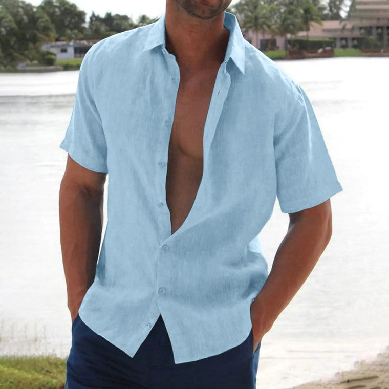 Lars | Linnen casual heren overhemd met korte mouw in de kleur Blauw voor heren in Smart-casual stijl ideaal voor de zomer.