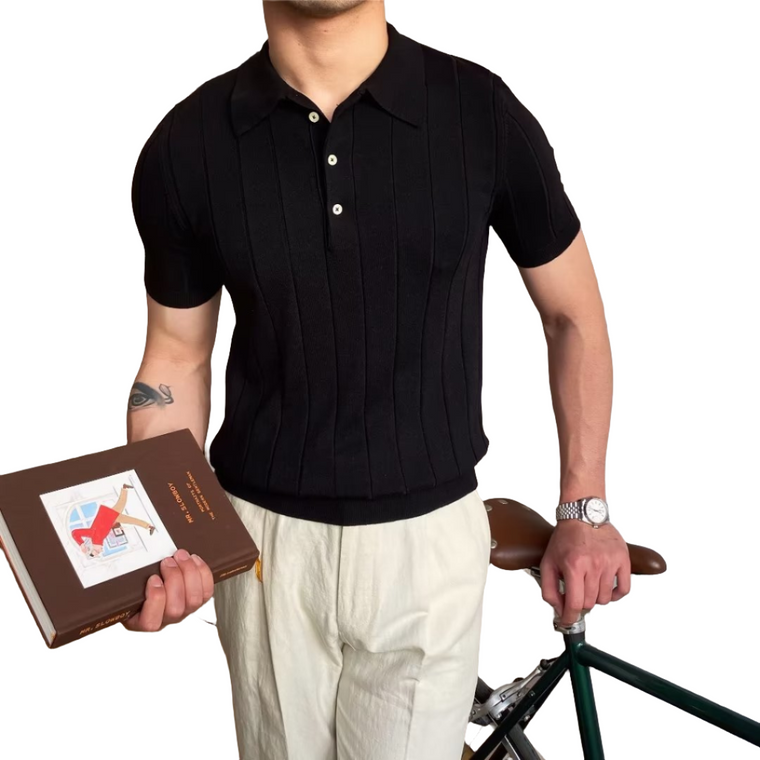 Lars | Ribgebreide katoenen polo in de kleur Zwart voor heren in Smart-casual stijl geschikt voor alle seizoenen.