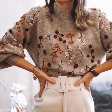 Lely | Comfortabele zachte trui voor dames met herfst print in de kleur Bruin voor dames in Lounge stijl ideaal voor de herfst.